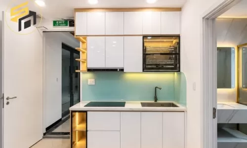 Dự Án Tủ Bếp Chữ I Nhựa Phủ Laminate Trắng Bóng Kính Ốp Màu Xanh Ngọ