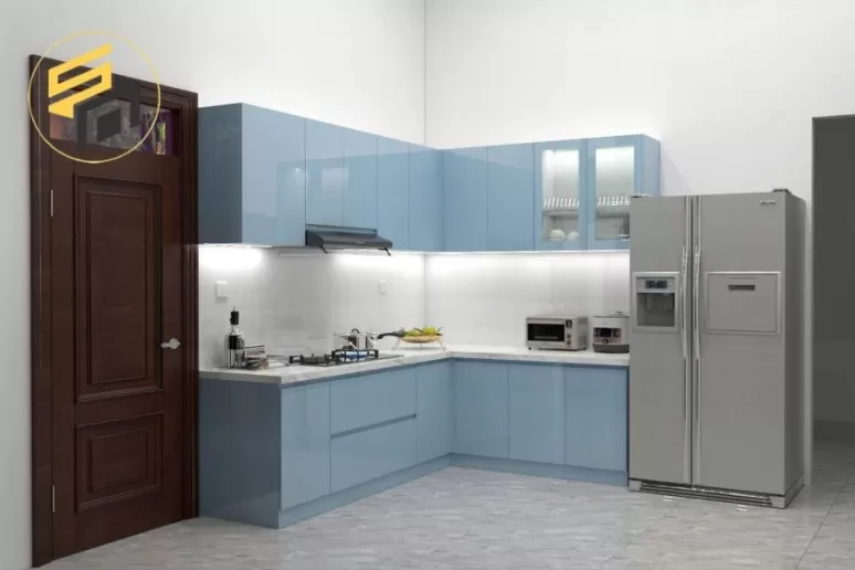 Mẫu nội thất nhà phố gỗ nâu kết hợp tủ bếp xanh pastel