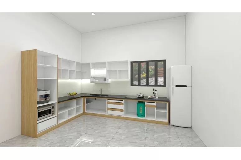 Tủ bếp nhựa PVC phủ Laminate chữ L hiện đại