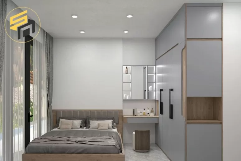 Tủ quần áo kịch trần màu xám kết hợp vân gỗ hiện đại