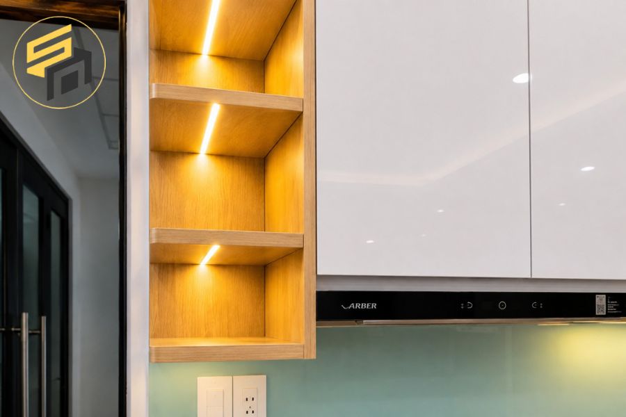 Dự Án Tủ Bếp Chữ I Nhựa Phủ Laminate Trắng Bóng Kính Ốp Màu Xanh Ngọ
