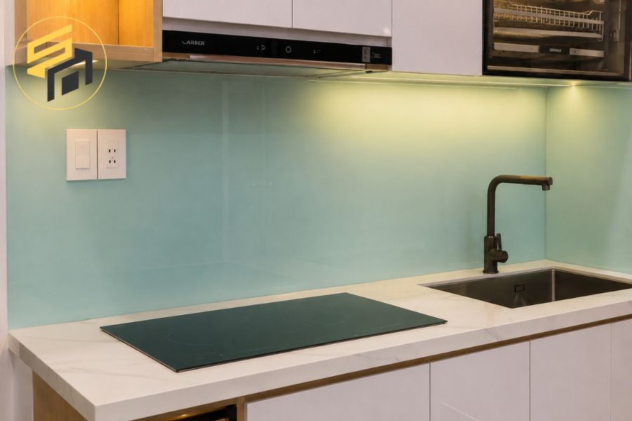 Dự Án Tủ Bếp Chữ I Nhựa Phủ Laminate Trắng Bóng Kính Ốp Màu Xanh Ngọ