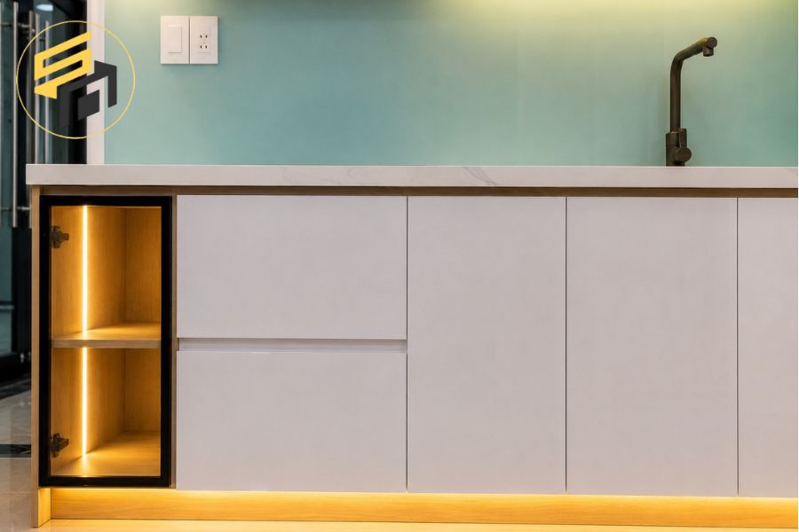 Dự Án Tủ Bếp Chữ I Nhựa Phủ Laminate Trắng Bóng Kính Ốp Màu Xanh Ngọ